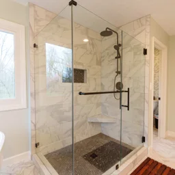 walk in shower with large over head shower 