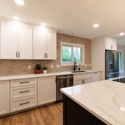 kitchen with tiled backsplash and long white counter space