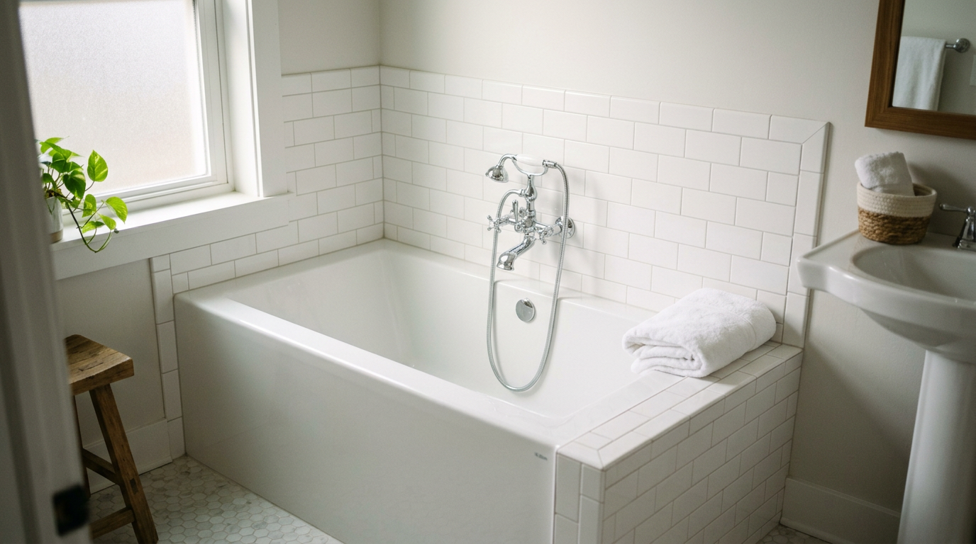 Completed Shower to Tub Conversion in a Remodeled Bathroom Newly installed white bathtub in a bright remodeled bathroom with a tiled surround