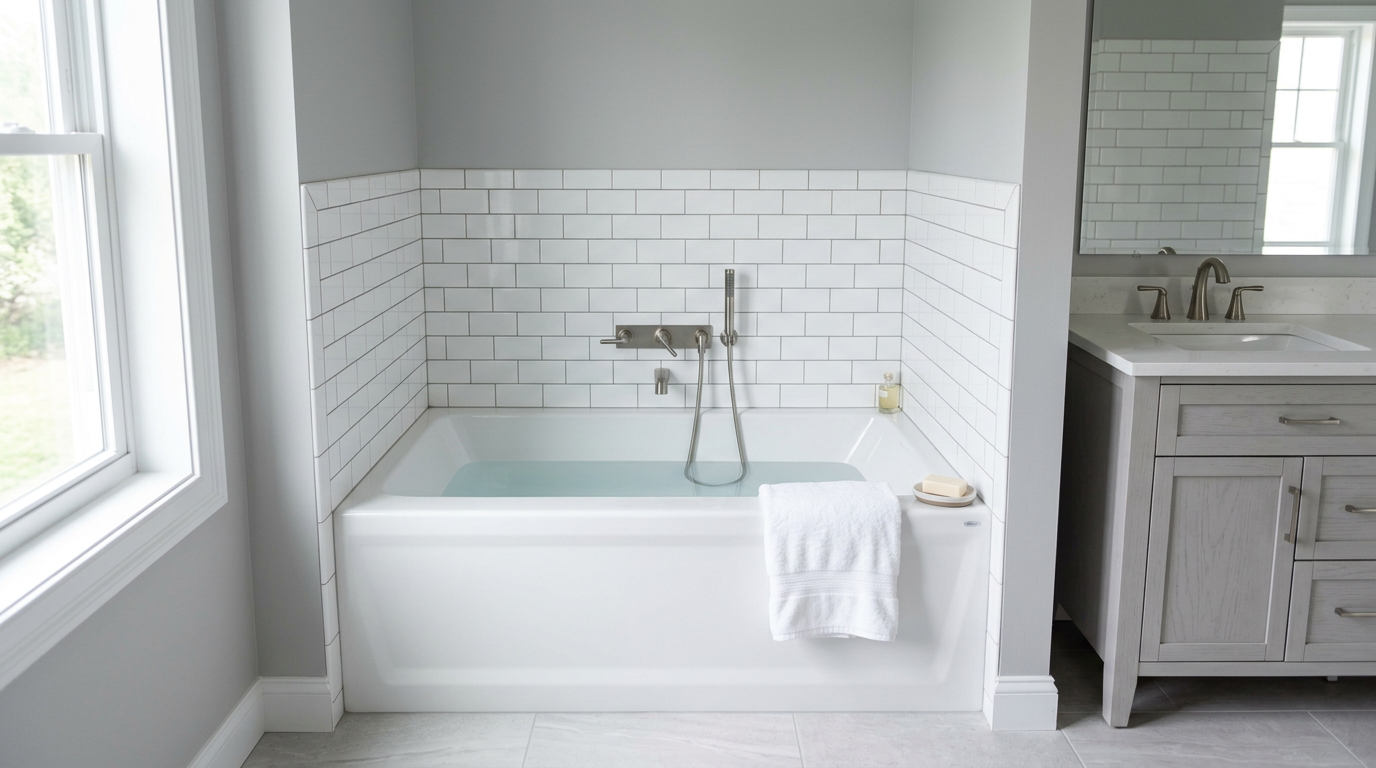 Completed Shower to Tub Conversion Newly installed white alcove bathtub in a bright remodeled bathroom with white subway tile and a light gray vanity