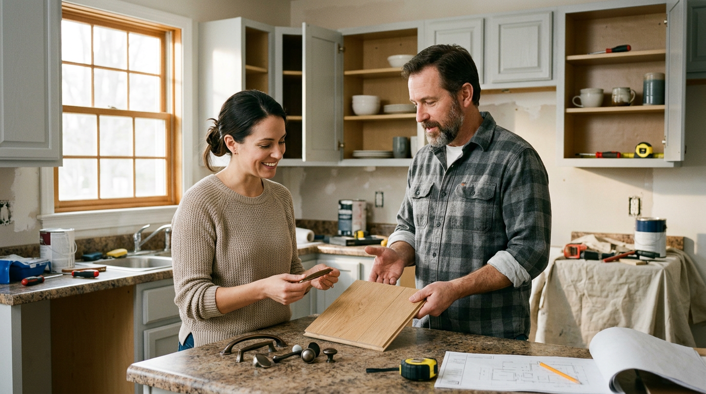 Budget-Conscious Kitchen Refresh in Progress A homeowner and a remodeler comparing cabinet hardware and a flooring sample in a partly renovated kitchen