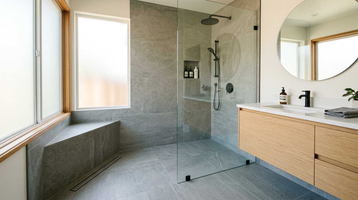 Curbless walk-in shower bathroom remodeling option Remodeled bathroom with a curbless tiled walk-in shower and frameless glass panel