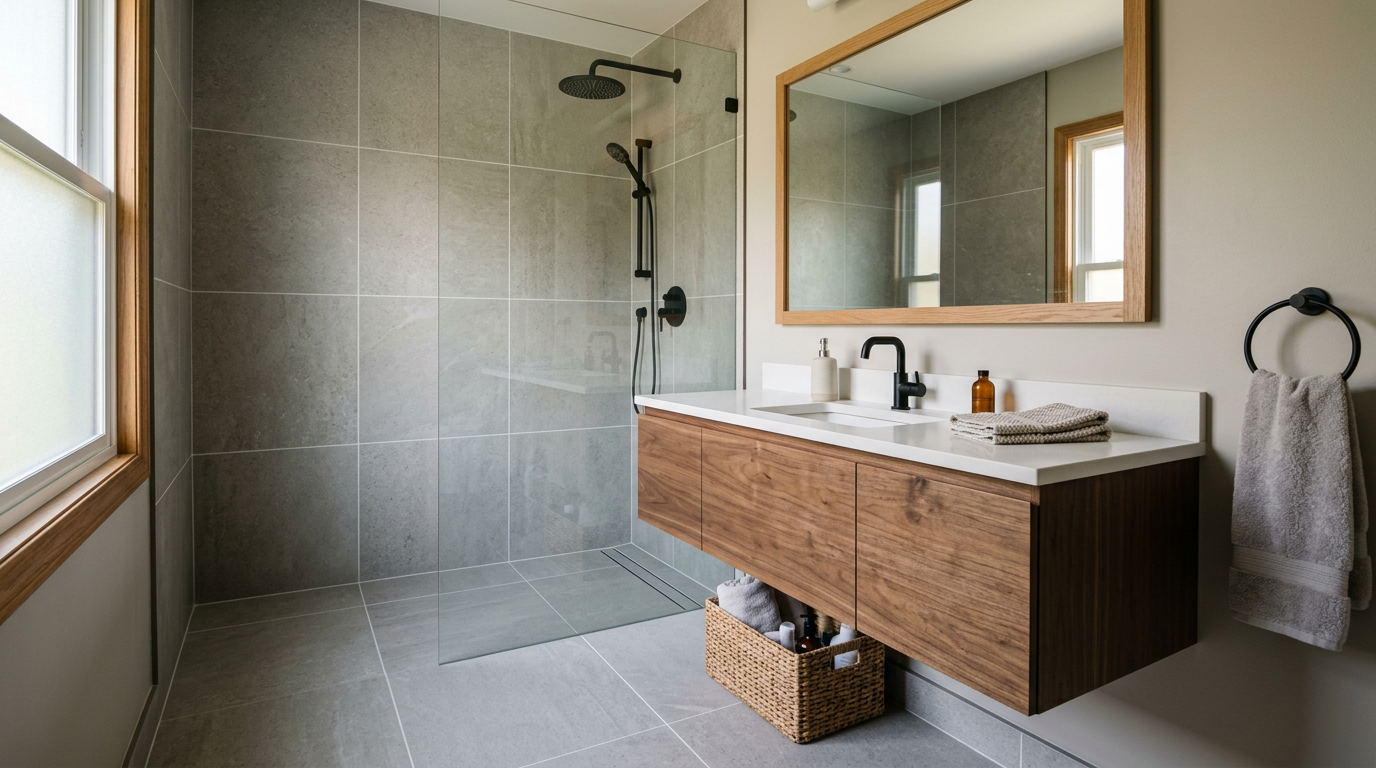 Newly Remodeled Bathroom Interior Bathroom remodeling — Freshly remodeled bathroom with a curbless tiled walk-in shower, floating vanity, and large-format tile flooring