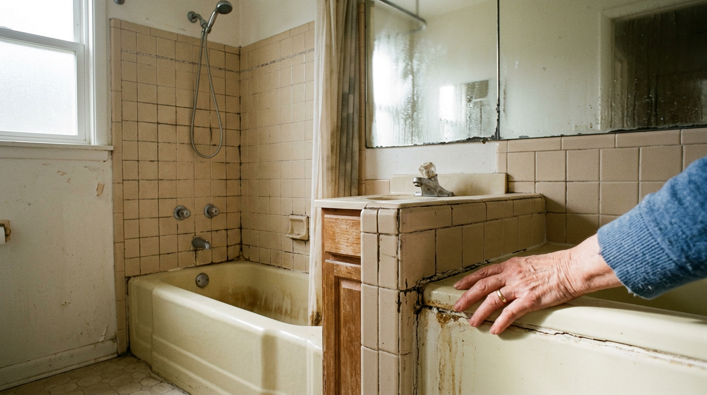 Warning signs a bathroom needs remodeling Older home bathroom with cracked grout, water staining, and a foggy mirror indicating the need for a remodel