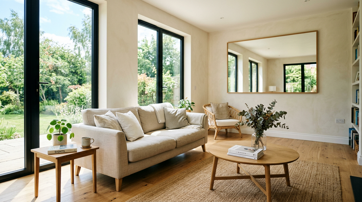 Sunlit living room with large windows A sunlit living room with tall windows and a wall mirror reflecting daylight across pale walls and light oak floors