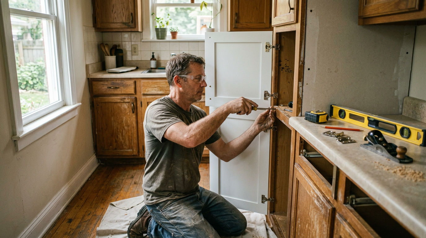 Cabinet refacing during a budget kitchen update a carpenter fitting a refaced door onto an existing kitchen cabinet