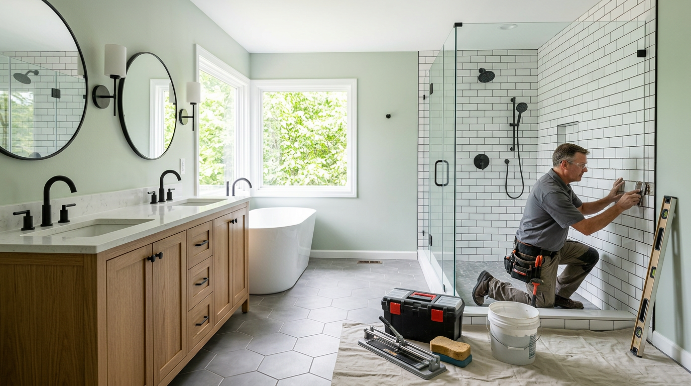 A renovated bathroom showcasing the results of professional bathroom remodeling with updated fixtures, tile, and layout.
