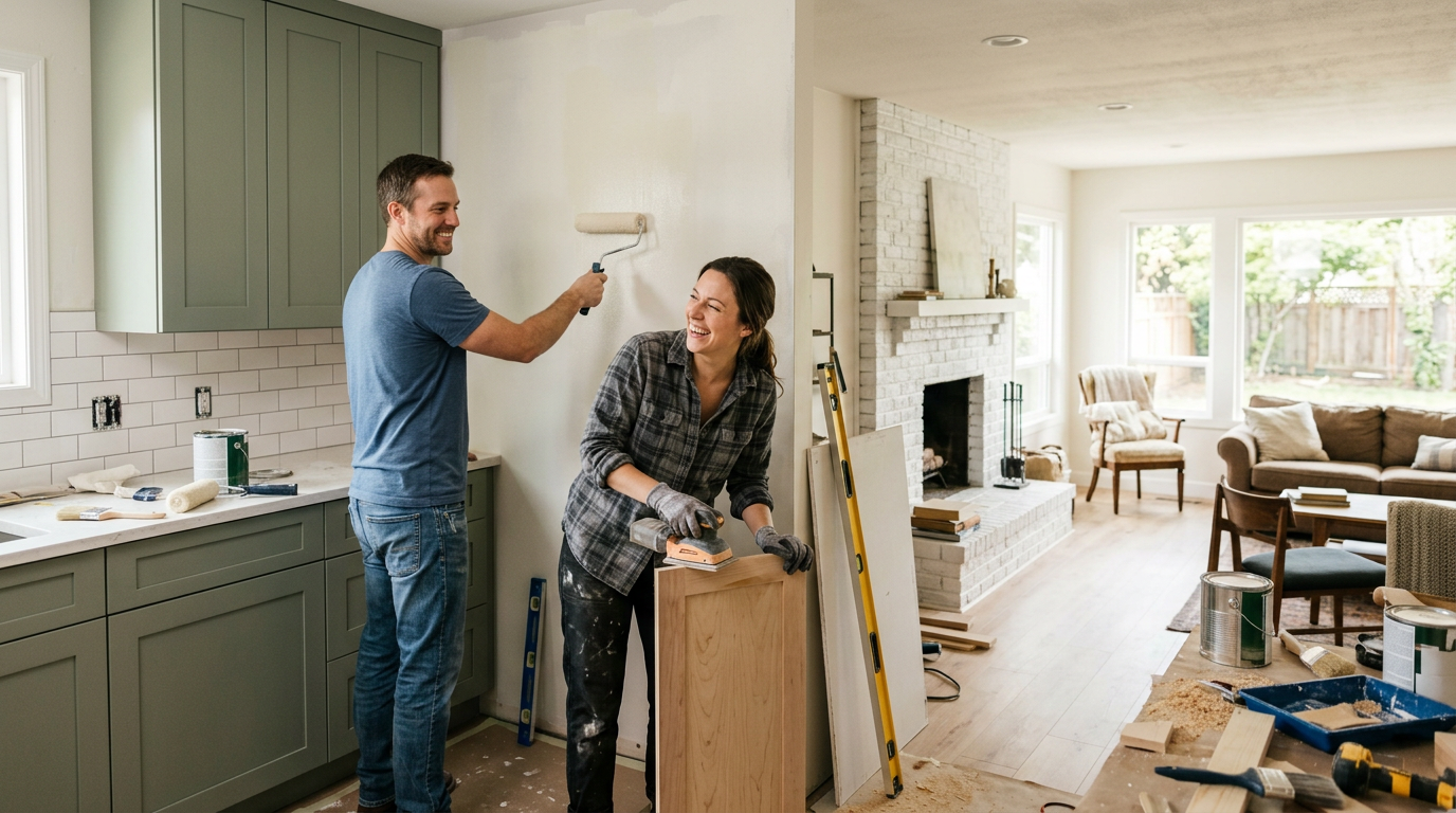 Guide illustrating affordable home renovations, highlighting warning signs, repair priorities, and budget-friendly approaches