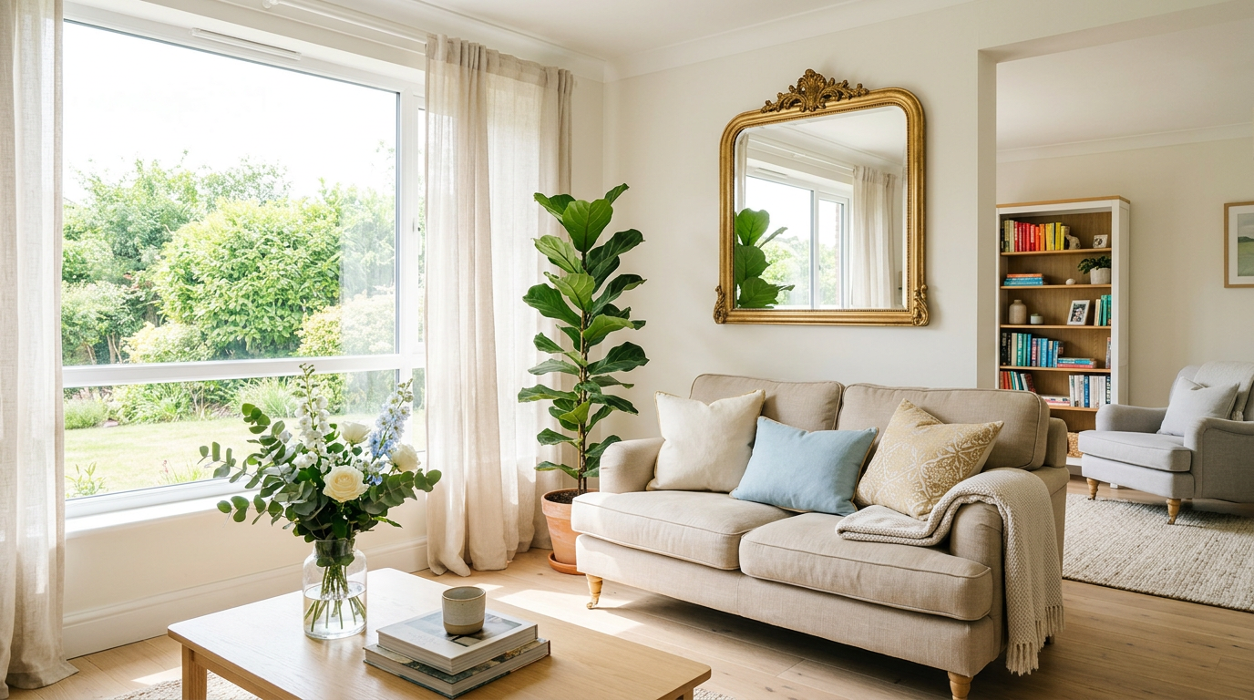 Bright living room showing how to brighten up a dark room with layered lighting, light paint, and a large window