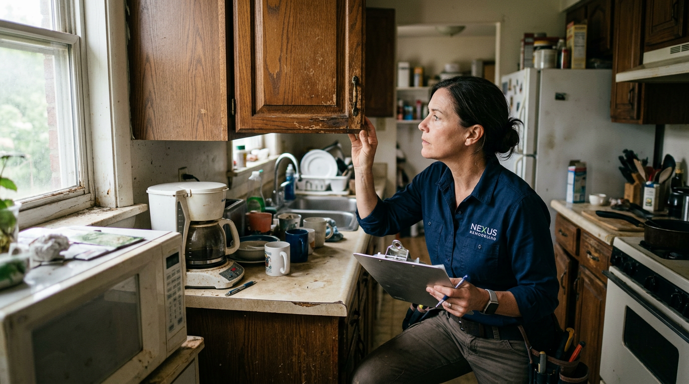 Assessing the signs a kitchen needs renovation A remodeler inspecting worn cabinet doors in a cramped, dated kitchen