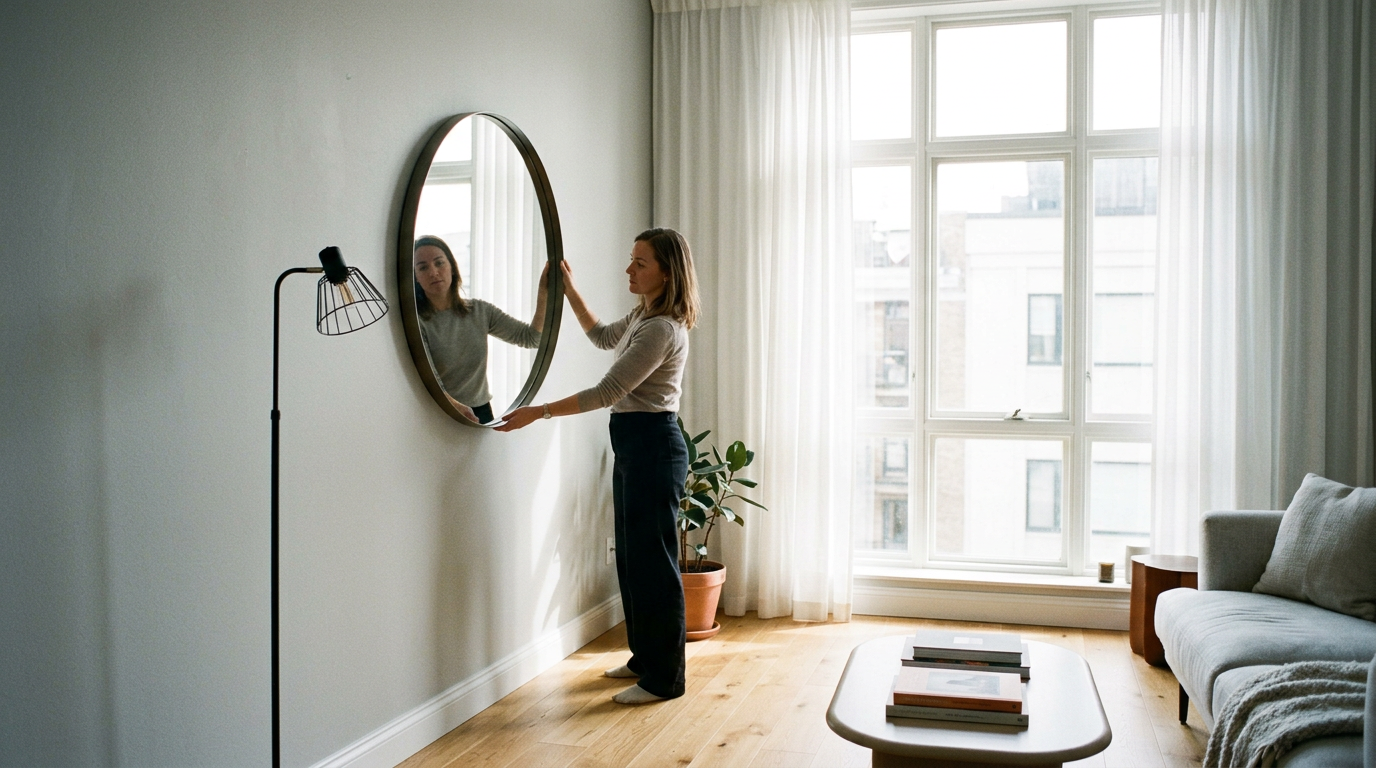 Brightening a dark living room with light and mirrors A designer positioning a round mirror opposite a window in a sunlit living room